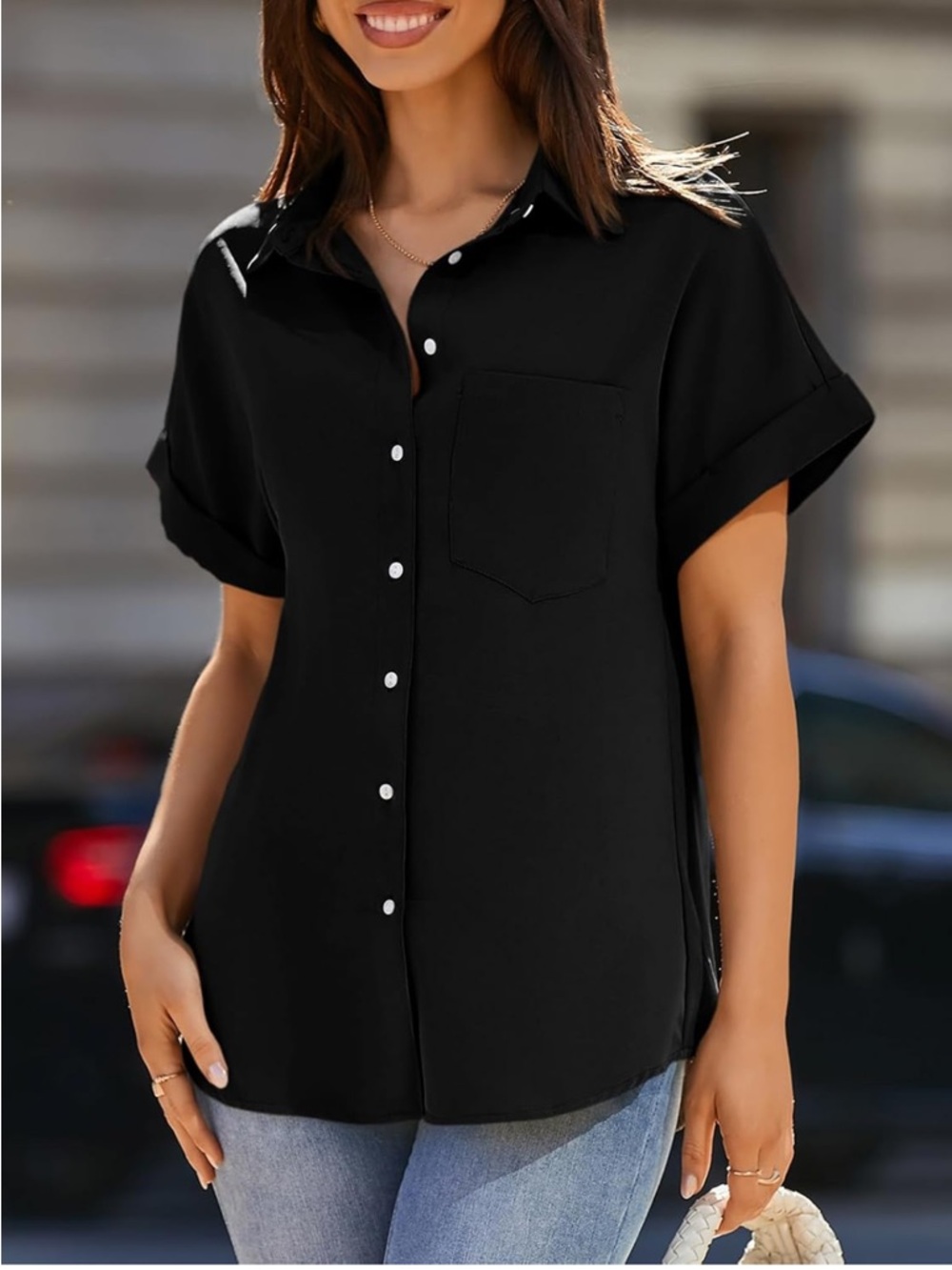 Black Button Front Blouse Women’s XL Short Sleeve Collared Shirt - Picture 2 of 8